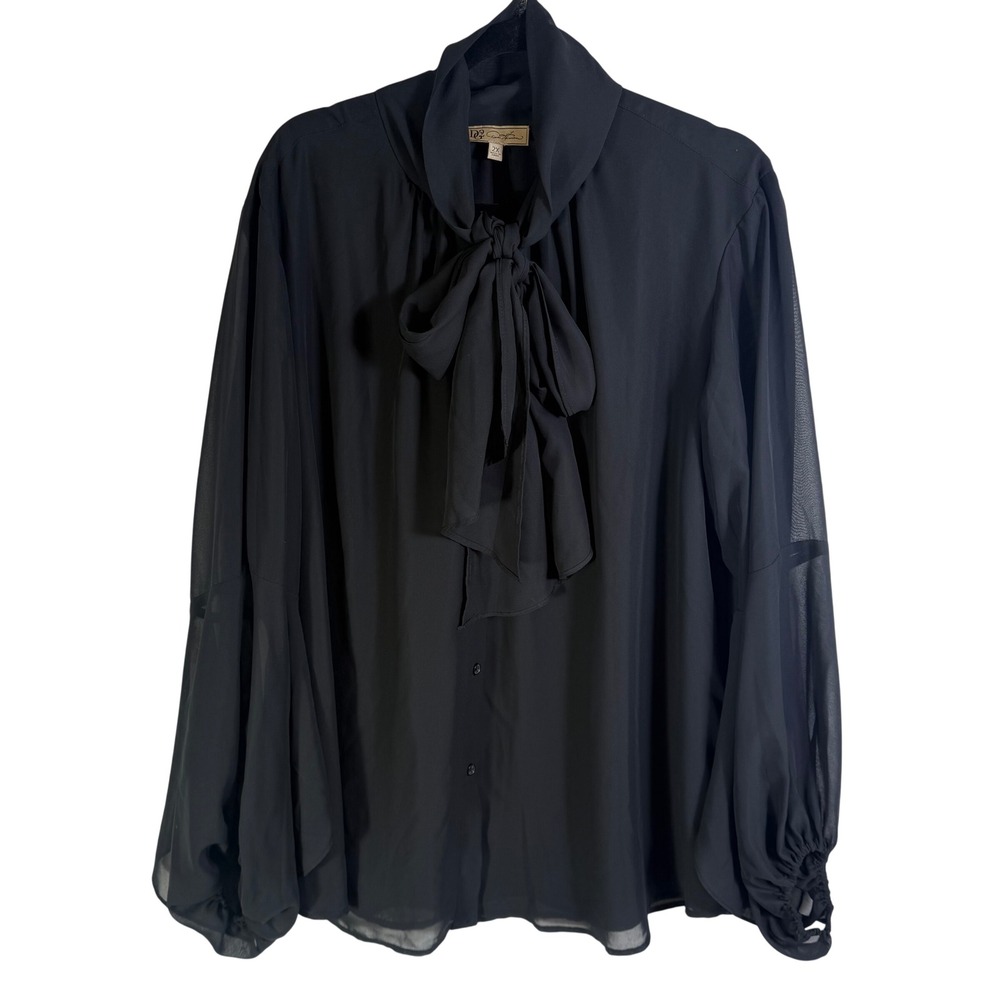 DG2 Diane Gilman Black Sheer Tie Neck Bishop Sleeve Blouse Plus Size 2X
